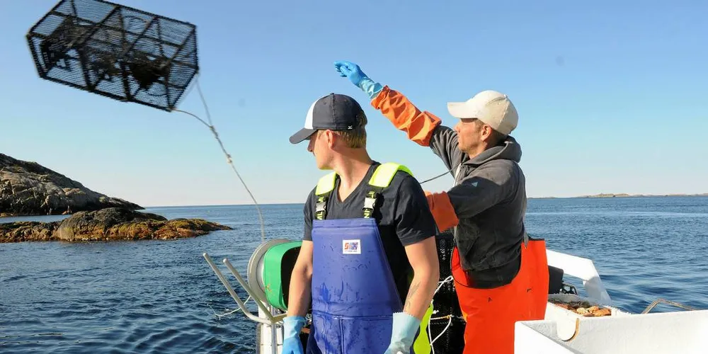 FULL FART: Leppefiskfiske i Mandal i forrige uke. Skipper Vegard Aanensen (t.v.) og mannskap Frode Johansen gjør sitt for å bidra til landingsstatistikken. Foto: Kjersti Kvile