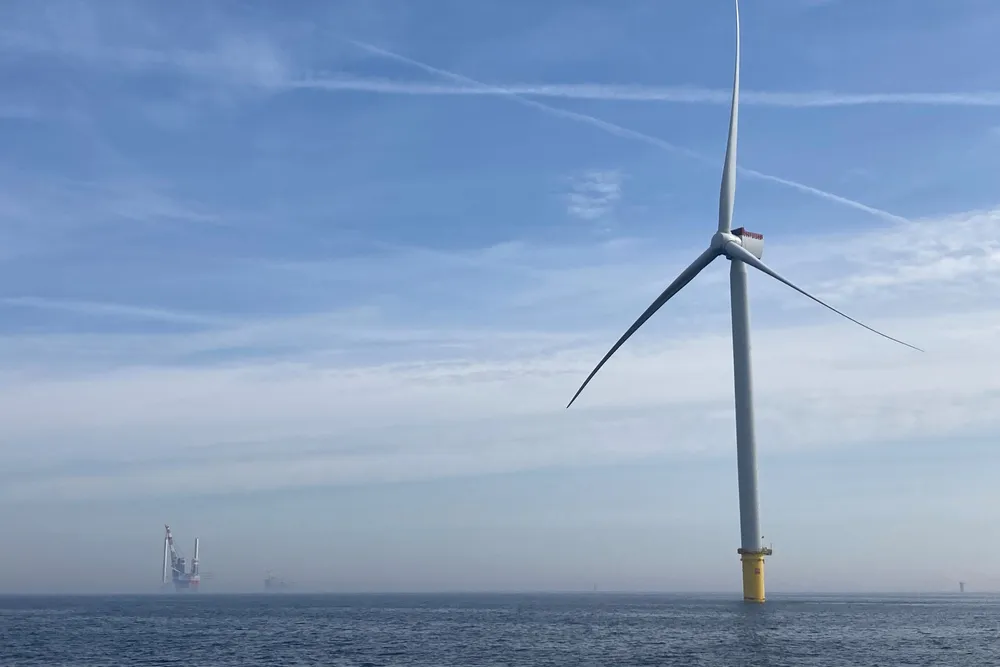A wind turbine installed for Vattenfall's Hollandse Kust Zuid offshore wind farm