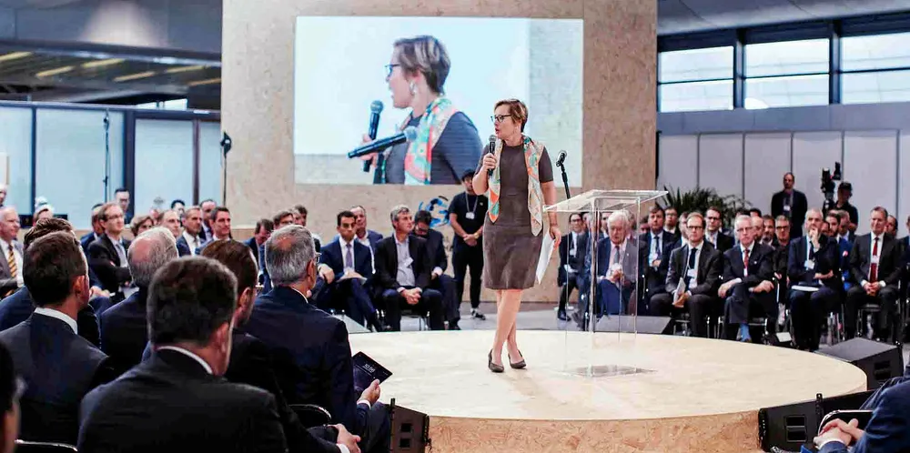 Financial Times correspondent Gillian Tett moderates the Global Maritime Forum in Hong Kong in 2018.