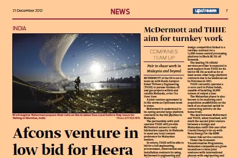 Upstream newspaper: Afcons has submitted the best offer to ONGC with its proposal for a floatover installation at India's offshore Heera field