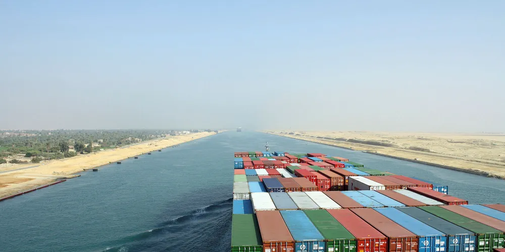 A containership transits the Suez Canal.