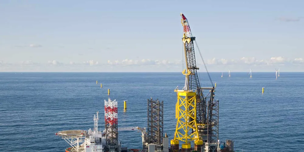 A suction bucket being installed at Germany's Borkum Riffgrund 1 wind farm