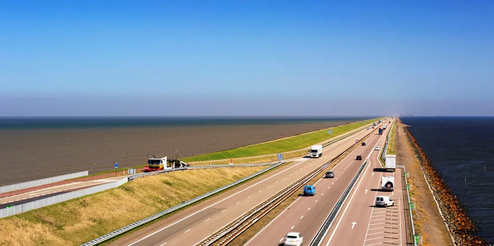 The dyke separating the Wadden Sea from the Ijsselmeer artificial lake in the Netherlands that is closet o Zeewolde