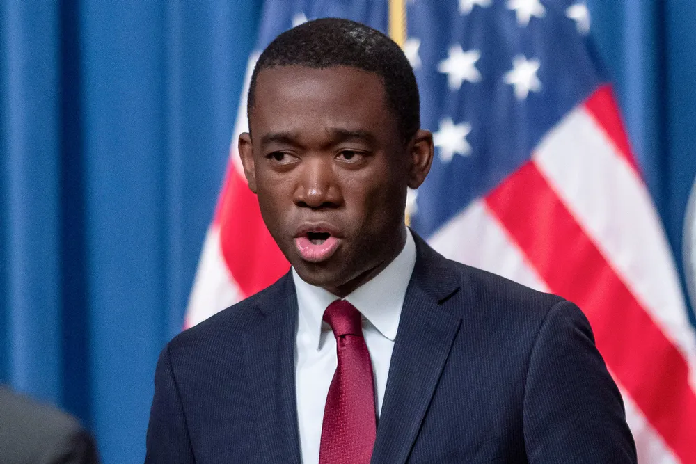 US Deputy Treasury Secretary Wally Adeyemo speaks at the Justice Department on 18 January 2023, in Washington.