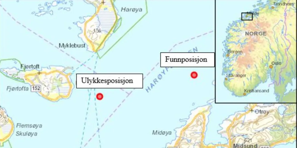 Kartet for ulykken den 9. mai 2016, da fisker Karstein Stølen i rederiet Havsnurp AS falt over bord fra fiskefartøyet "Sjøkvisten" i Harøyfjorden Illustrasjon: SHT