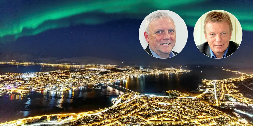 FORHANDLINGER: Konsernsjef Arne Juell i Bodø Energi og Semming Semmingsen i Troms Kraft forhandler nå om fusjon av nettselskapene Nordlandsnett og Troms Kraft Nett. Interessen for å bli med i fusjonen er heller laber hos selskapene lenger nord.