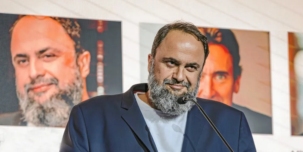 Evangelos Marinakis speaks at the TradeWinds Shipowners Forum at Posidonia in June 2024.