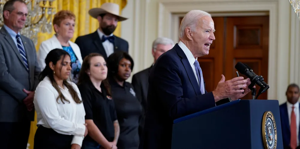 US President Joe Biden speaks on the anniversary of the Inflation Reduction Act during an event in the East Room of the White House on Wednesday.