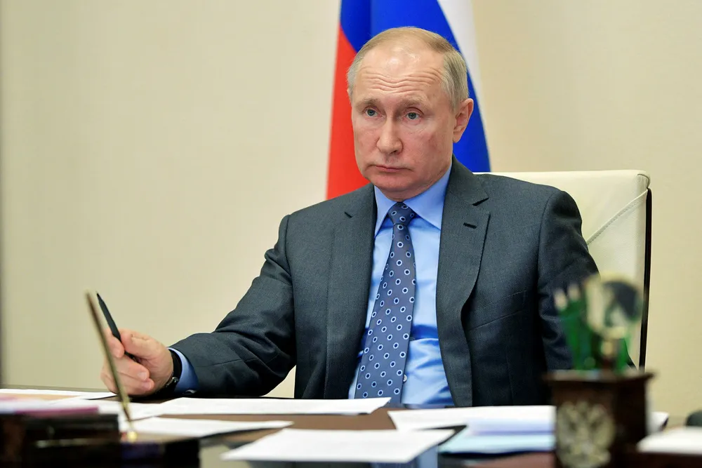 Conciliation hope: Russian President Vladimir Putin chairs a cabinet meeting via videoconference at his Novo-Ogaryovo residence outside Moscow, Russia, on 1 April