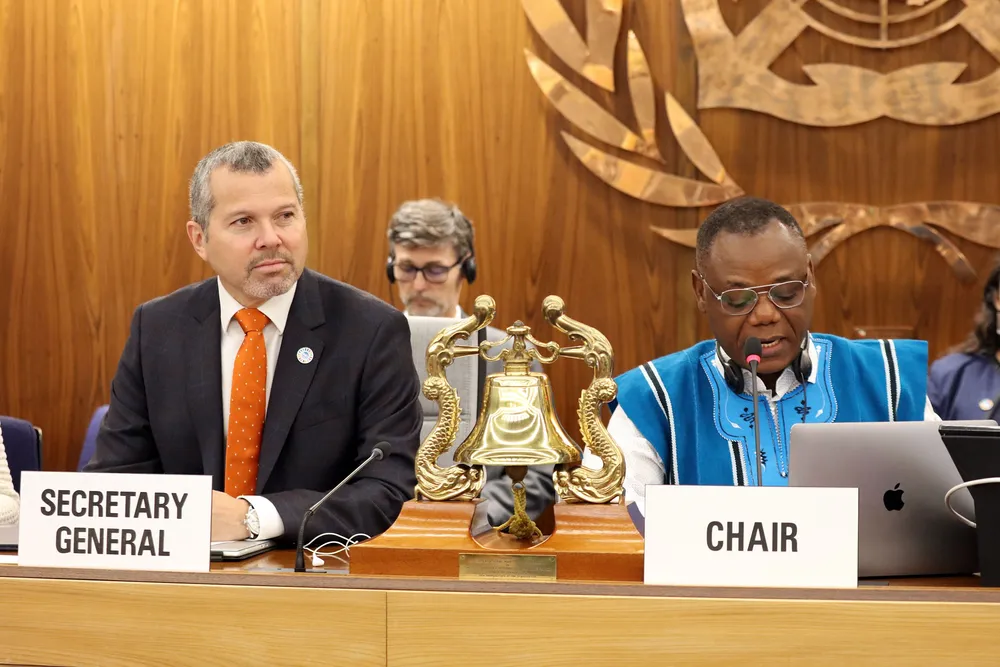 IMO Secretary General Arsenio Dominguez and meeting chair Harry Conway at the start of the four-day meeting in London.