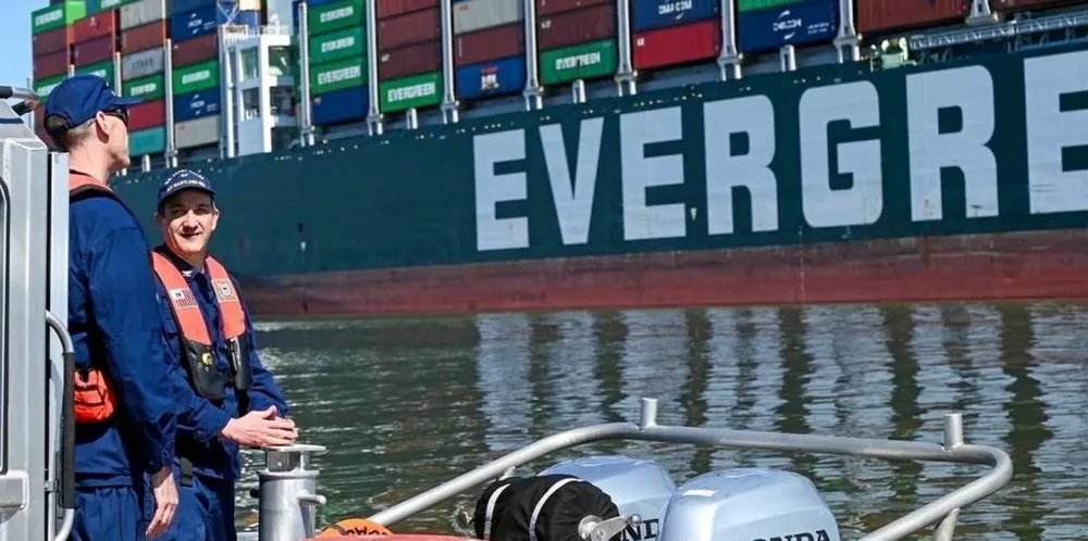 Capt David O’Connell, commander of Coast Guard Sector Maryland, and Commander Christopher Rosen, chief of response at Sector Maryland, monitor the grounded vessel Ever Forward in Chesapeake Bay. The ship is owned by Evergreen Line.