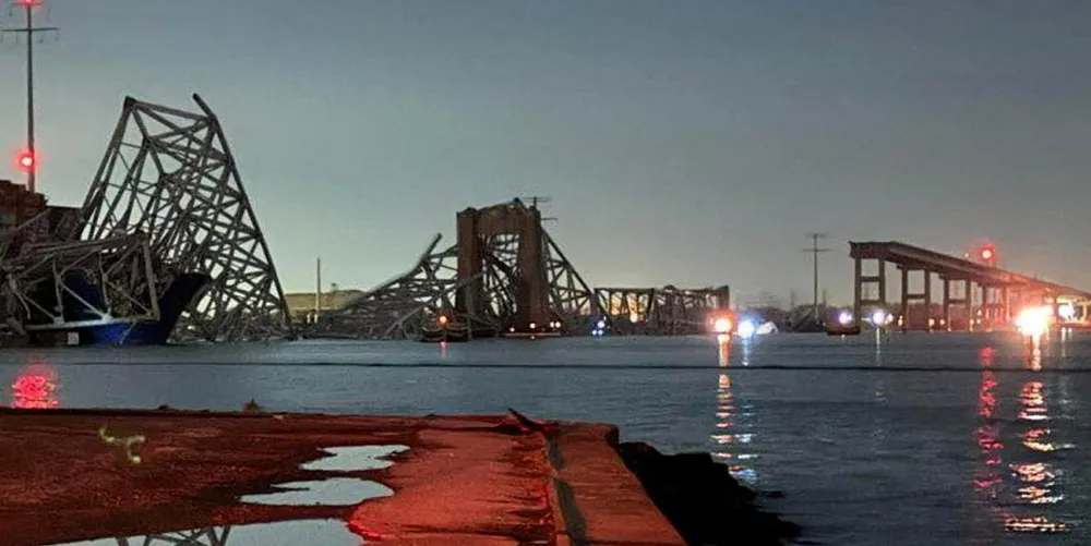 A view of the Francis Scott Key Bridge after it collapsed, in Baltimore, Maryland after being struck by a Maersk ship.