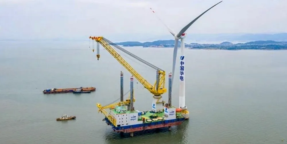 Installation of a 7MW Ming Yang MySE7.0-158 turbine at the Fujian Fuqing Haitan Strait project in China. Chinese offshore wind was one of the motor's of global wind additions in 2021
