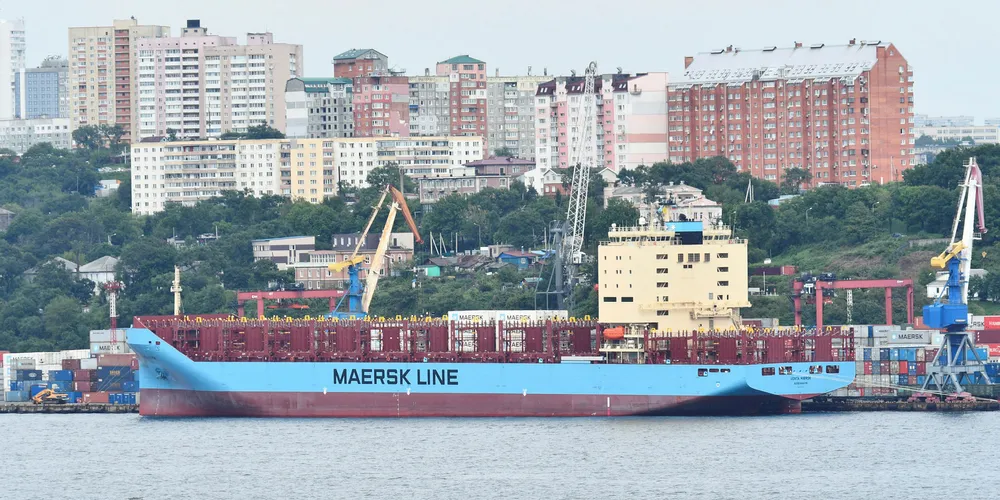 The Venta Maersk in the Russian port of Vladivostok as it prepares to set off on an Arctic voyage