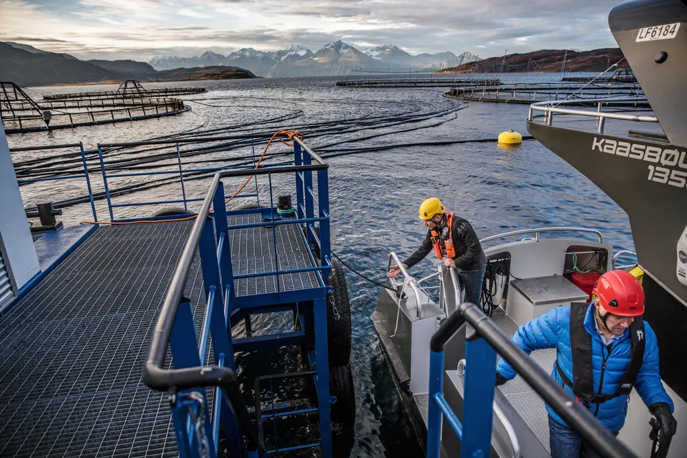 Prosjektleder Jan-Børre Johansen i Lerøy Aurora og Stig Nilsen, konserndirektør i Lerøy Seafood Group går om bor i forflaten. Nå har regjeringen landet en ny havbrukspolitikk, som vil skape vekst og mer bærekraftig havbruk, mener Rune Støstad – stortingsrepresentant fra Arbeiderpartiet og saksordfører for havbruksmeldingen.