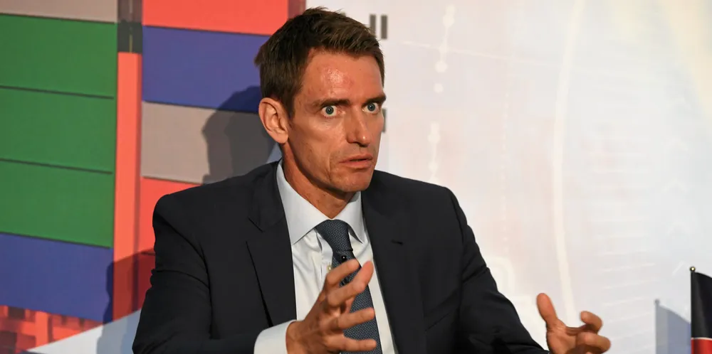 Trafigura's Rasmus Bach Nielsen believes shipping has to step up to put in place an effective carbon price. He is pictured speaking at London International Shipping Week in 2019.