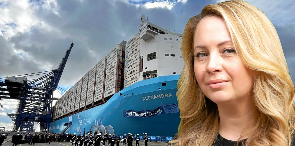 Alibra Shipping researcher Rebecca Galanopoulos Jones and the 16,000-teu dual-fuel methanol Alexandra Maersk (built 2024).