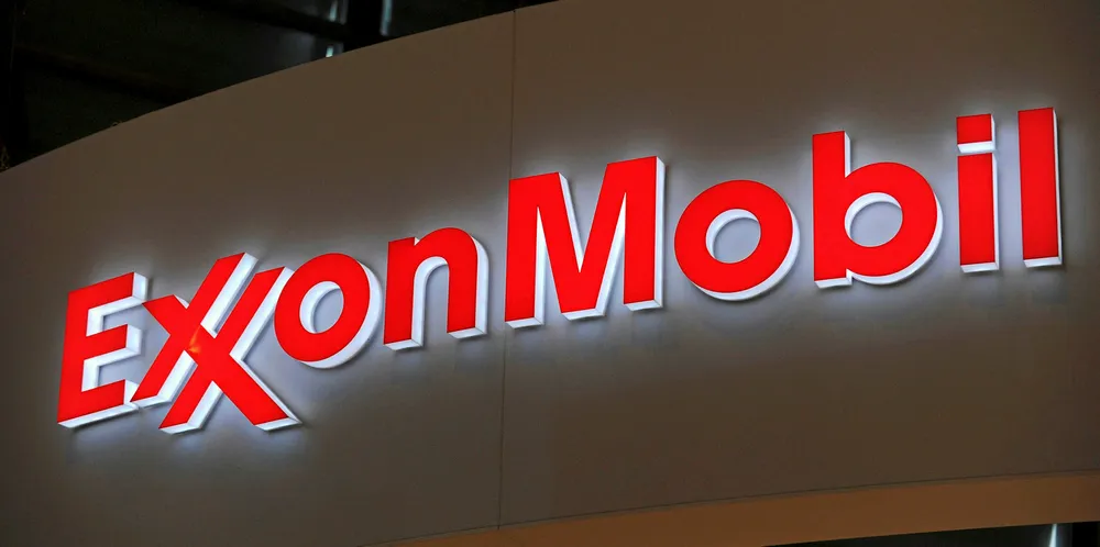 A picture shows the logo of US oil and gas giant ExxonMobil during the World Gas Conference exhibition in Paris.