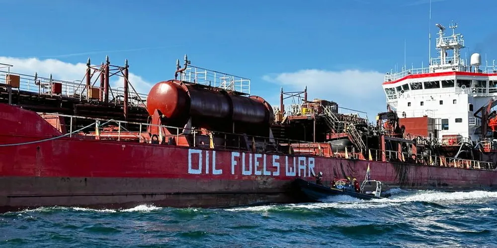 The Zircone tanker is targeted by Greenpeace activists off Sweden.