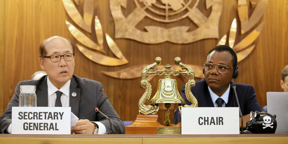 IMO secretary general Kitack Lim (left) and Marine Environment Protection Committee chairman Harry Conway preside over the first day of the MEPC 80 meeting. The meeting began on Monday. Photo: IMO