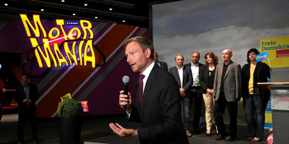 Christian Lindner, lead candidate of the German Free Democrats (FDP), speaks during an election campaign event