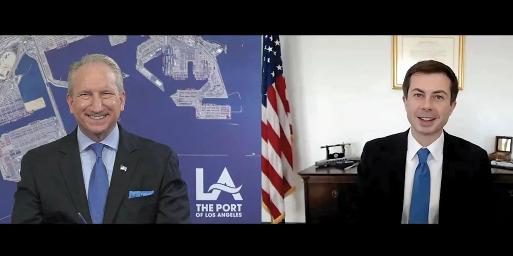Port of Los Angeles executive director Gene Seroka, left, and US Department of Transportation secretary Pete Buttigieg discuss the supply-chain disruption on Tuesday during an online press conference. The Port of Los Angeles is the busiest port in the US.