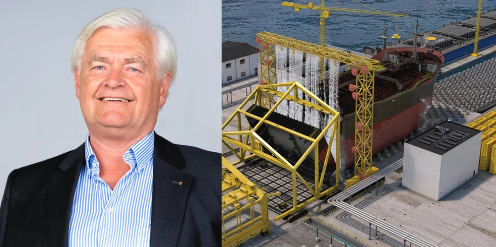 CMT International founder Frank Geerdink with an illustration of the ship slicing machine.