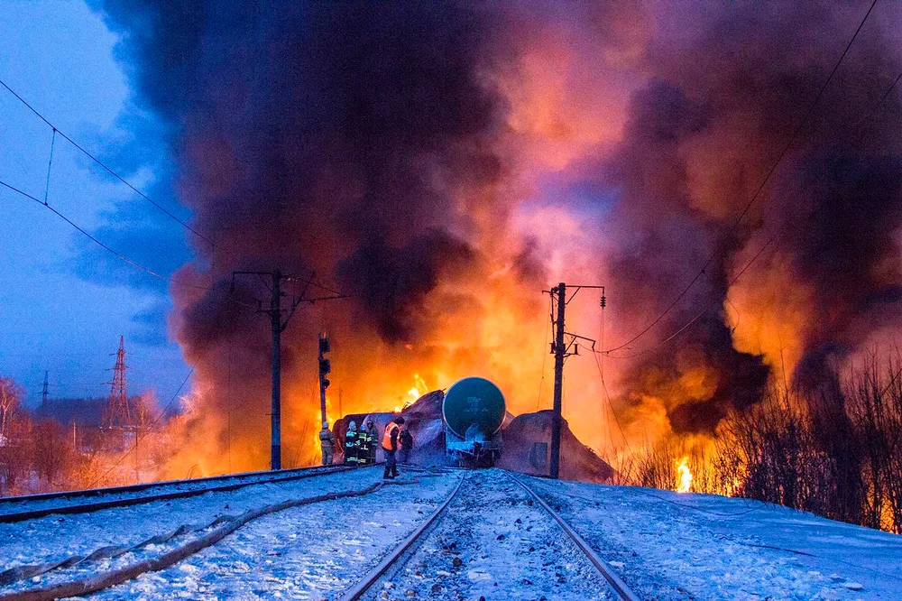 Derailed: emergency workers fight a fire north of Moscow after massive train fire