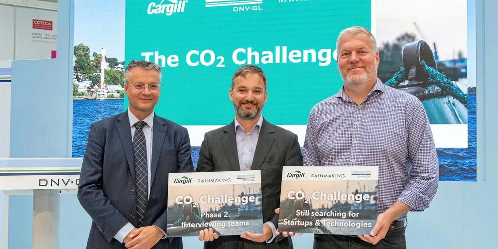 Trond Hodne, DNV GL Maritime sales and marketing director, George Wells, Cargill global head of assets and structuring, and Alex Farcet, partner at Rainmaking, launch second phase of CO2 Challenge at SMM 2018 in Hamburg, Germany.