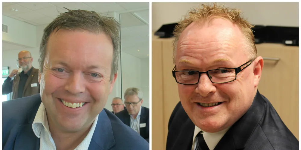 Konsernsjef Alf Helge Aarskog i Marine Harvest og Fiskeriminister Per Sandberg. (Bildemontasje: Fiskeribladet Fiskaren)