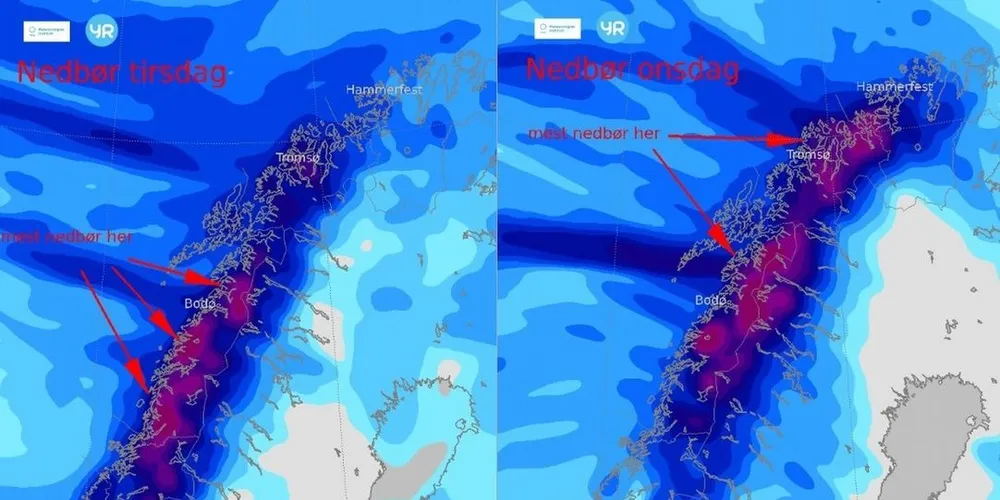 Det er en ruskete væruke i vente for Nord-Norge med mye vind og store nedbørsmengder. Foto: Skjermdump fra Yr/meteorologene på Twitter.