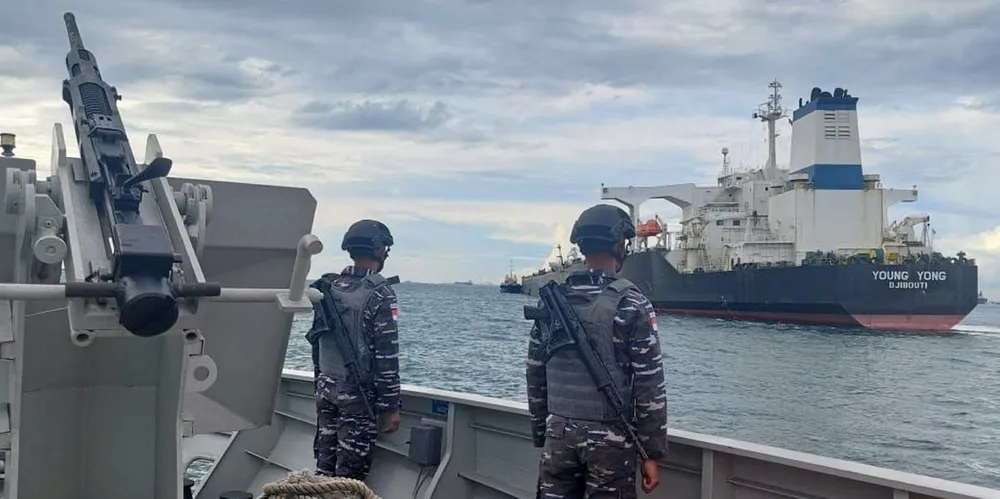 On Watch: The Indonesian Navy stands guard over the grounded VLCC Young Yong