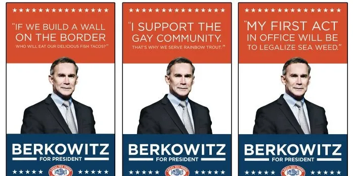 Legal Sea Foods President and CEO Roger Berkowitz in a parody "Berkowitz for President" political campaign