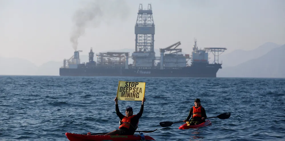 Greenpeace activists from New Zealand and Mexico confront the deepsea mining vessel Hidden Gem, commissioned by Canadian miner The Metals Company, in November last year.