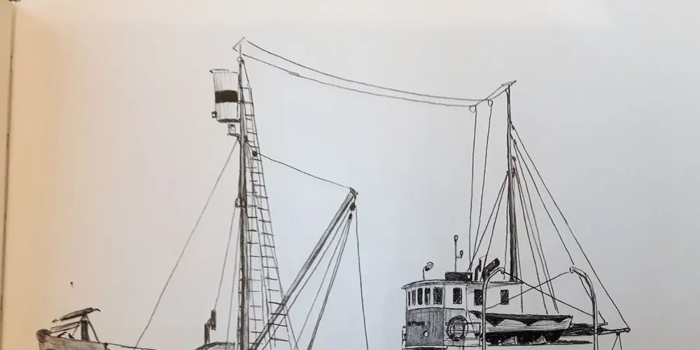 "Dette er en båt med historie" skriver tegner og båthistoriker Per-Roger Vikten om «Neptun II», som her får illustrere innholdet i boka. Båten ble opprinnelig bygget i 1883 som seilkutter, og vises her i krysserversjon, ustyrt for småhvalfangst. «Neptun II» ble kondemnert i 1984.