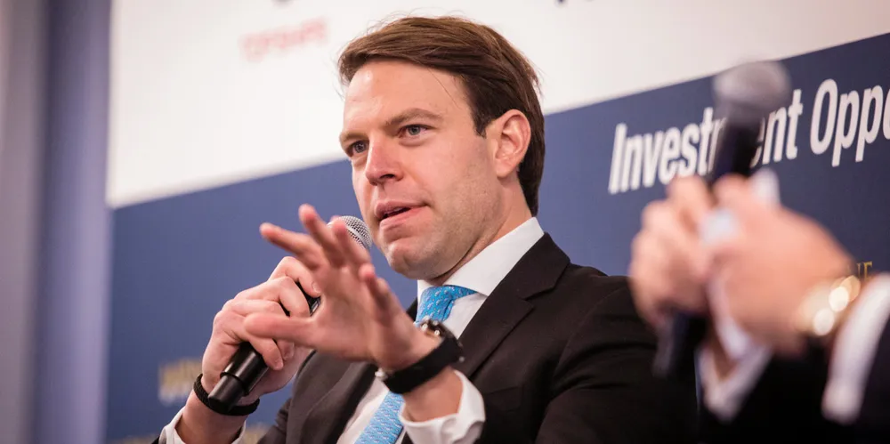 Stefanos Kasselakis is seen here speaking at a Marine Money Ship Finance Forum in 2018.