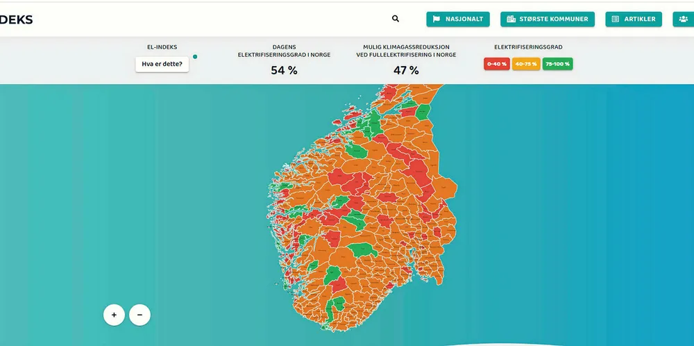 El-indeks viser kart over elektrifiseringsandel i kommunene.