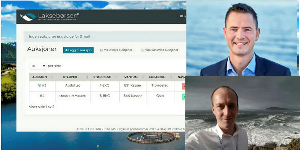 Skjermdump fra Laksebørsen.no Oppe til høye Kristian F. Almås, nede til høyre medgrunnlegger Rune Bjørge.