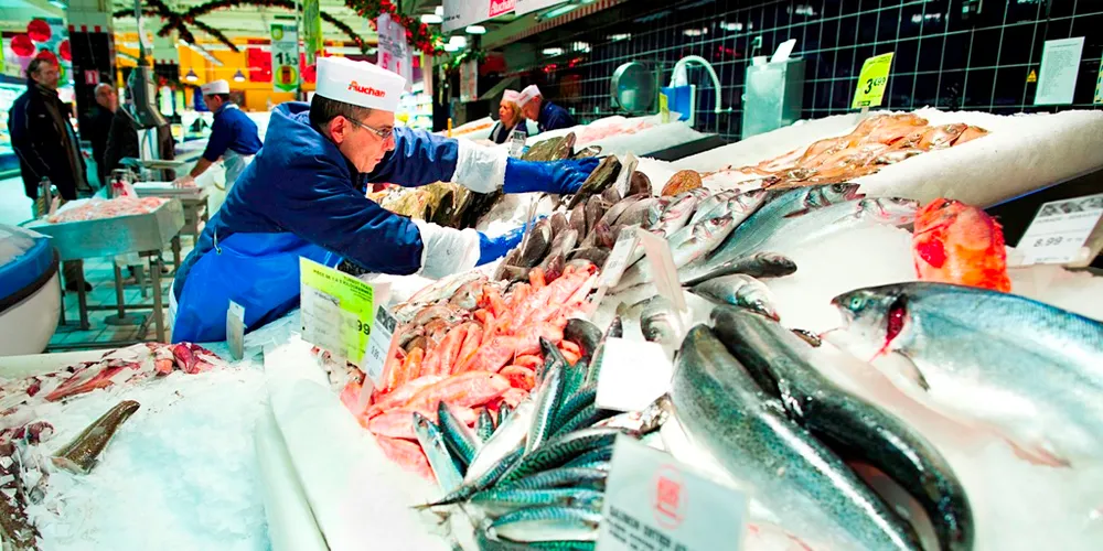 Fresh salmon on display at French retailer Auchan.