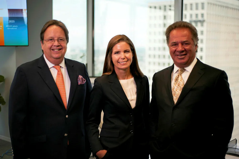 Teamwork: Tellurian founders Martin Houston (left) and Charif Souki (right), with chief executive Meg Gentle (centre)
