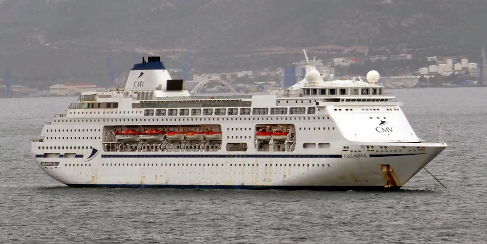 Marios Iliopoulos's cruiseship Columbus seen anchored in Elefsina Bay in February. The ship subsequently left Greece and is believed to be heading to India for recycling.