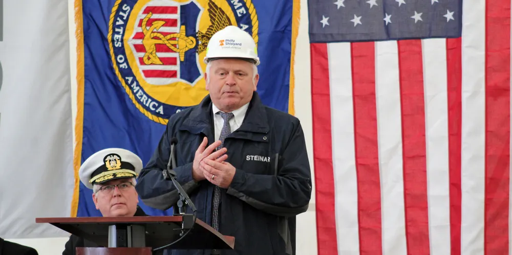 Philly Shipyard chief executive Steinar Nerbovik speaks at the keel laying ceremony for the first national security multi-mission vessel in 2021.