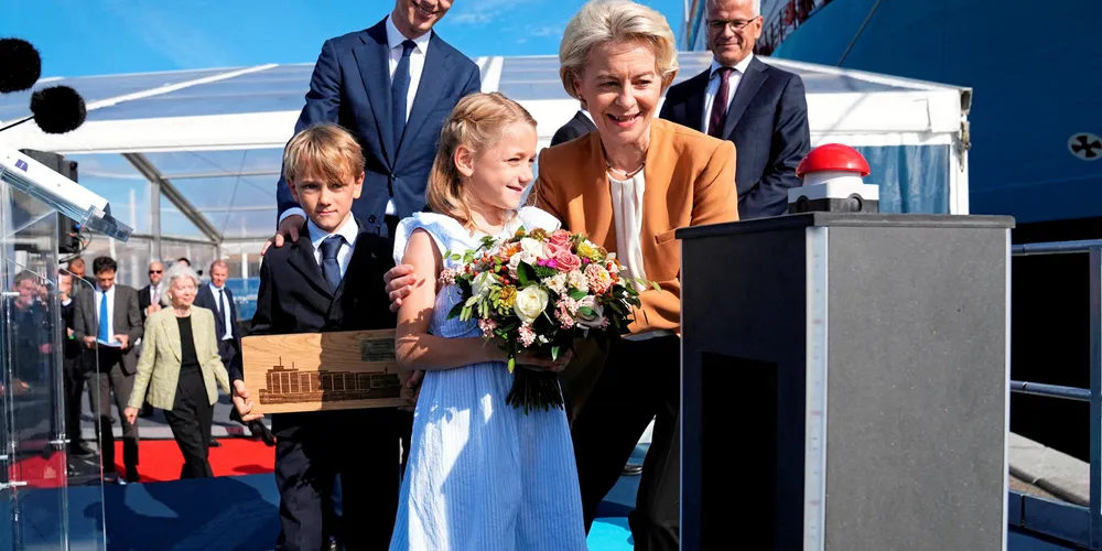 AP Moller Holding chief executive Robert Maersk Uggla and European Commission president Ursula von der Leyen during the naming of the Laura Maersk, the world’s first methanol-enabled boxship, in September.