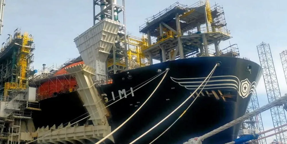 The LNG carrier Gimi (built 1976) is under conversion at Keppel Shipyard in Singapore.
