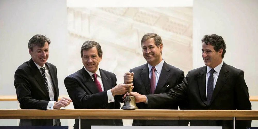 Camanchaca execs ring bell at Oslo Stock Exchange. Ricardo Garcia, CEO of parent company Compania Pesquera Camanchaca, Jorge Fernandez, CEO of Salmones Camanchaca and Daniel Bortnik.