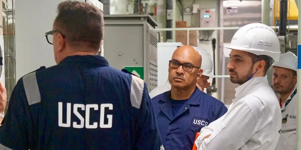 US Coast Guard inspectors examine a cruise ship at the port of Guam in January.
