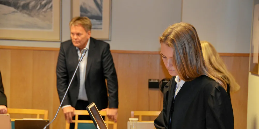 KRILLSAK: Advokat Lene Eilertsen Nygård i Aker BioMarine under rettssaken om krillpatenter i Søre Sunnmøre tingrett. I bakgrunnen Stig Remøy, Rimfrost.