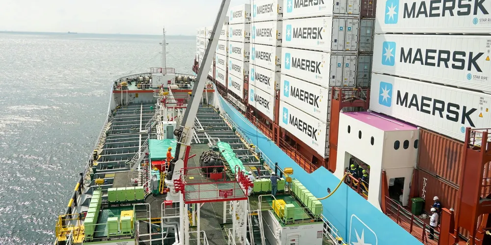 The world’s first ship-to-container vessel bunkering of green methanol took place in Singapore in July, when Dutch provider OCI Global supplied 300 tonnes to the 2,100-teu newbuilding Maersk Solstice.