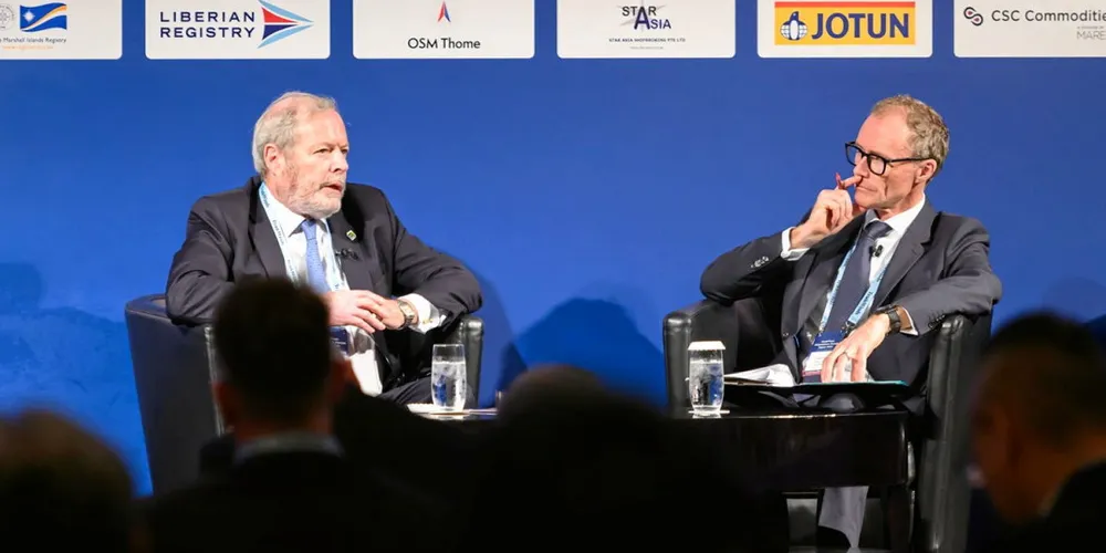 Michael Parker (left) spoke to Julian Bray on stage at the TradeWinds Shipowners Forum Japan 2024 in Tokyo.