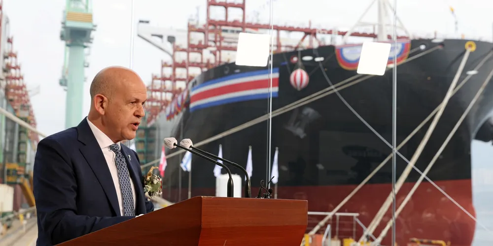 Zim chief executive Eli Glickman at the ceremony for the 15,000-teu dual-fuel container ship Zim Sammy Ofer (built 2023) at Samsung Heavy Industries in February 2023.